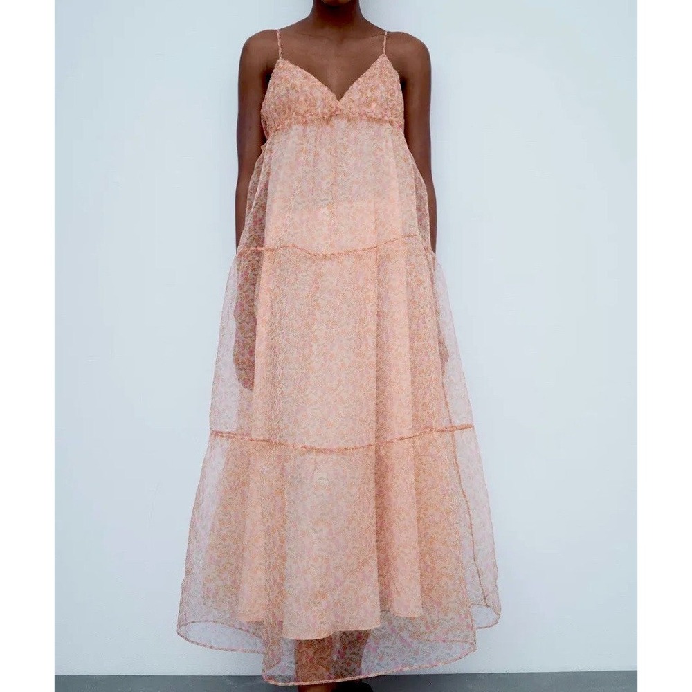 ZARA Organza Pink Peach Floral Maxi Dress Tiered Sundress Summer Vacation Medium